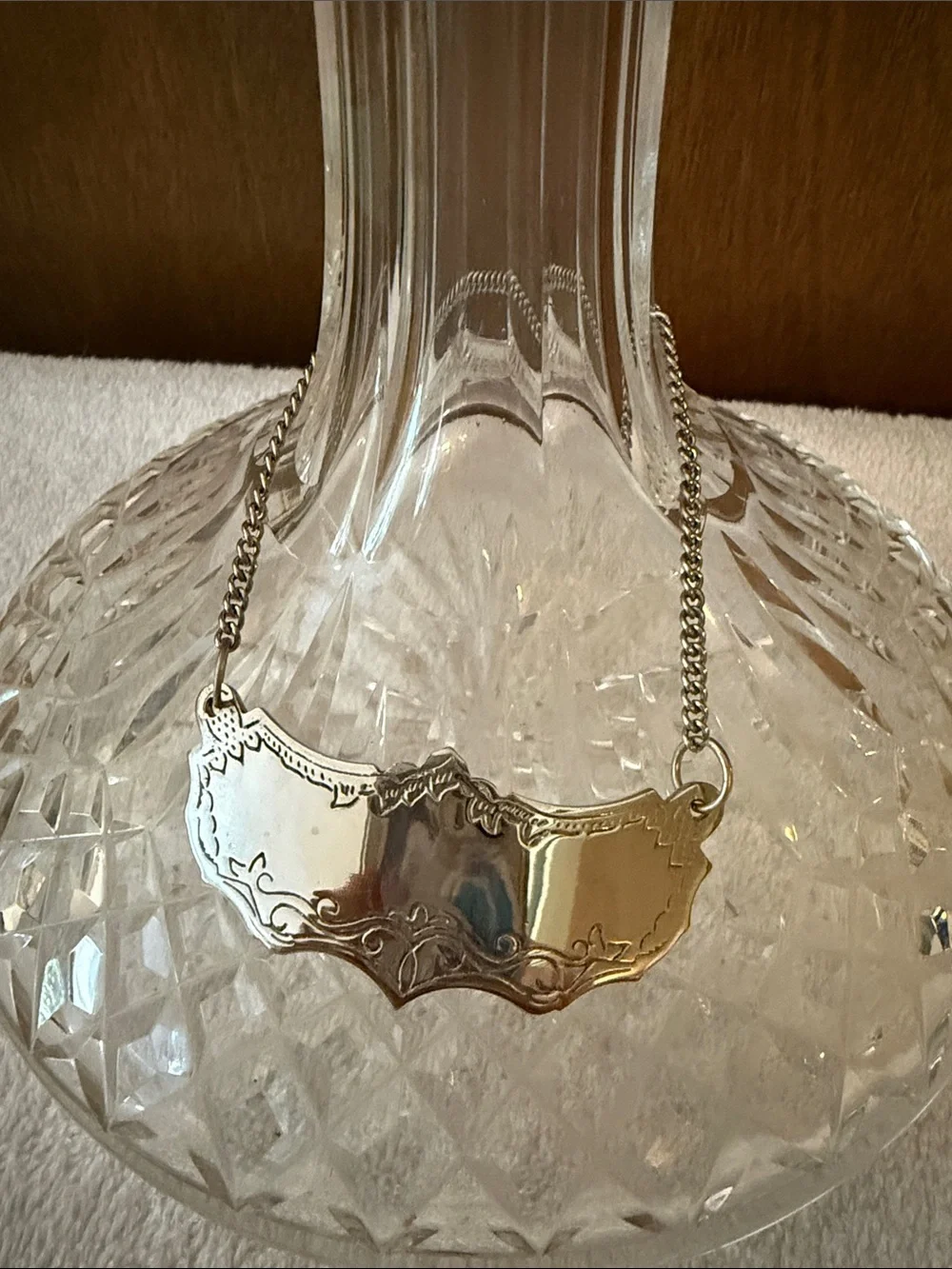 Clear Cut-Glass Decanter with Decorative Silver-Tone Label